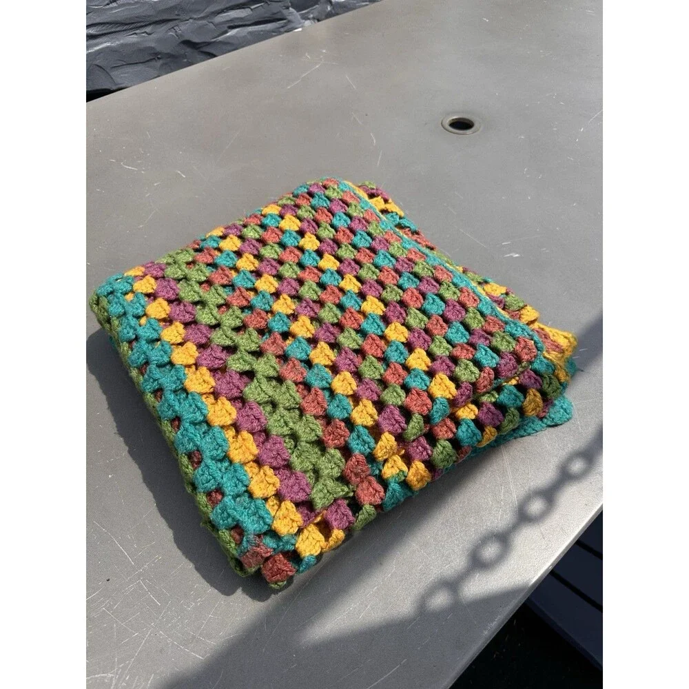 Crocheted Granny Square Multicolor Sofa Throw Afghan 57x57 Vintage Cottagecore